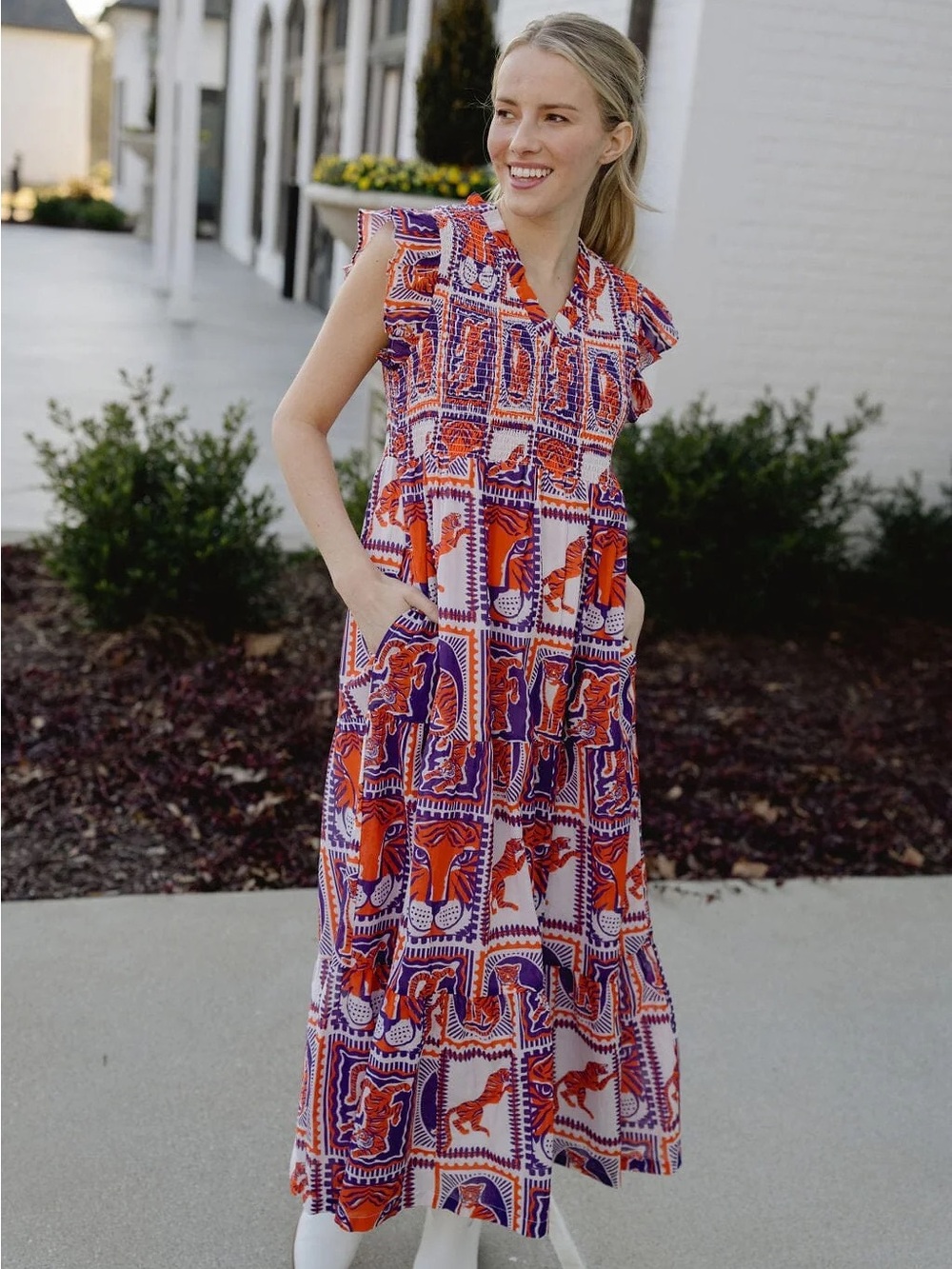 Tiger Game Day Maxi Dress | Orange & Purple Smocked V Neck with Pockets